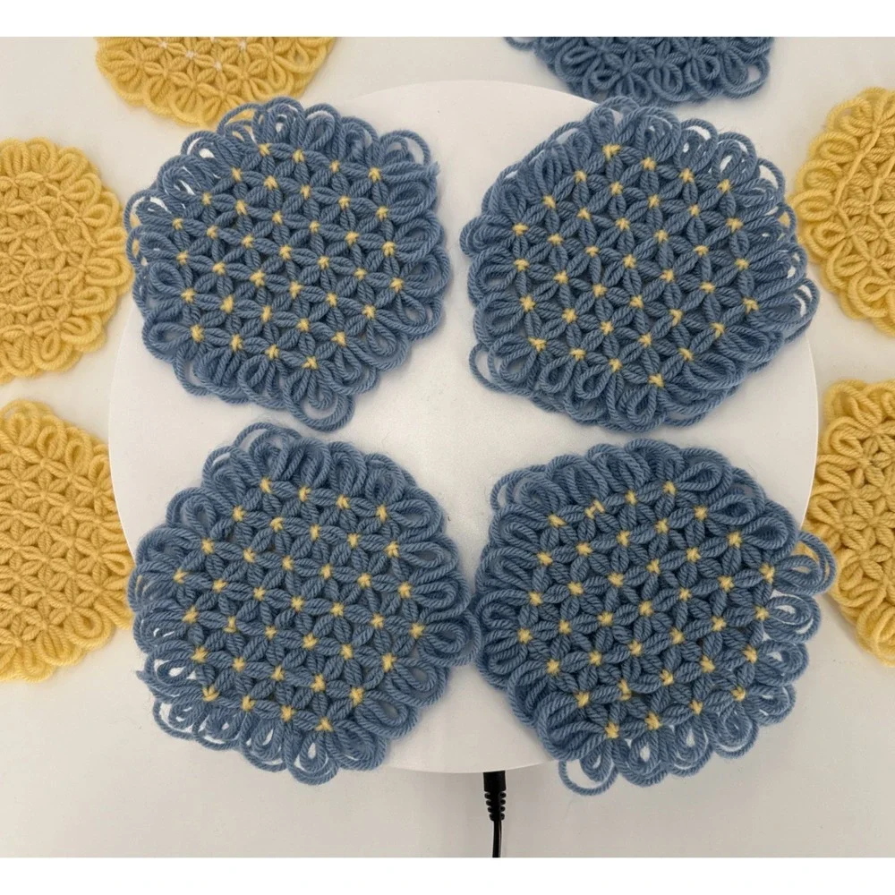 Vtg Handmade Loom Crochet Coasters-4 Blue/Yellow-1 Blue-4 Yellow-1 Yellow/White‎